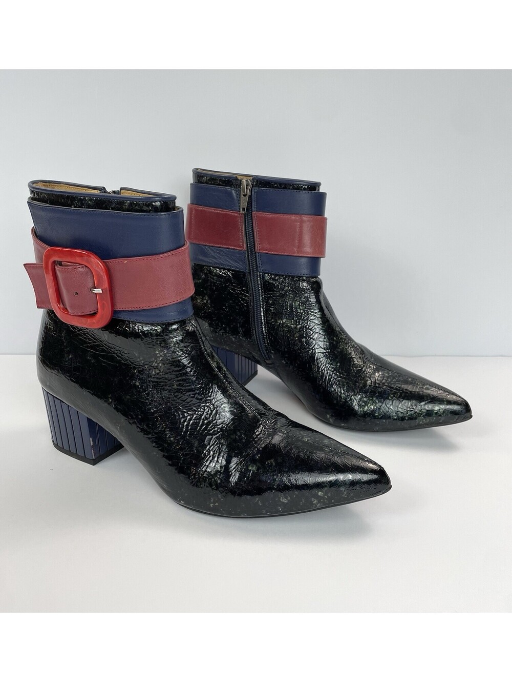 John Fluevog Effortless Miranda Boots Patent Leather Red Buckle Ankle 9.5